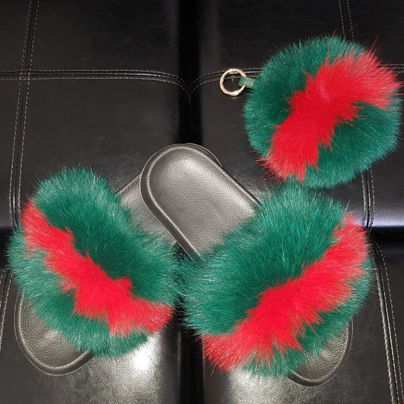 -Handmade Green Red Luxury Fox Fur Fluffy Slide - Picture 5 of 8